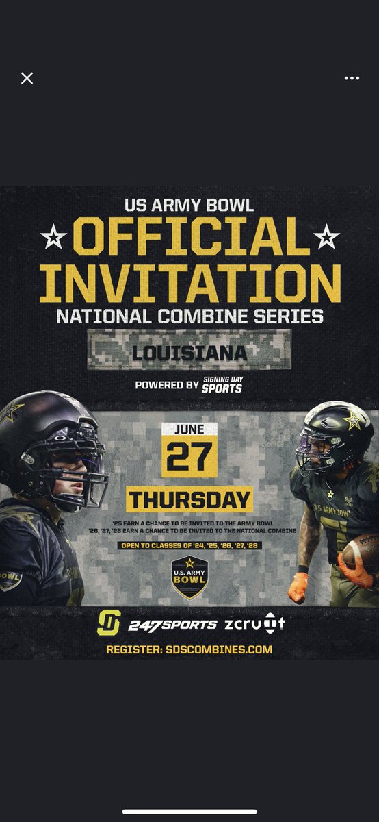 RyanRainer05's tweet photo. Blessed to be invited to the National U.S. Army Bowl combine series in Louisiana.
@JJKilgore_SDS @CoachMo1313 @ShedrickMckenz2 @warren_rowan @MinistryIron @ESPN3ALLDAY @MattSeiler_SDS https://t.co/ISaTR9CvUM