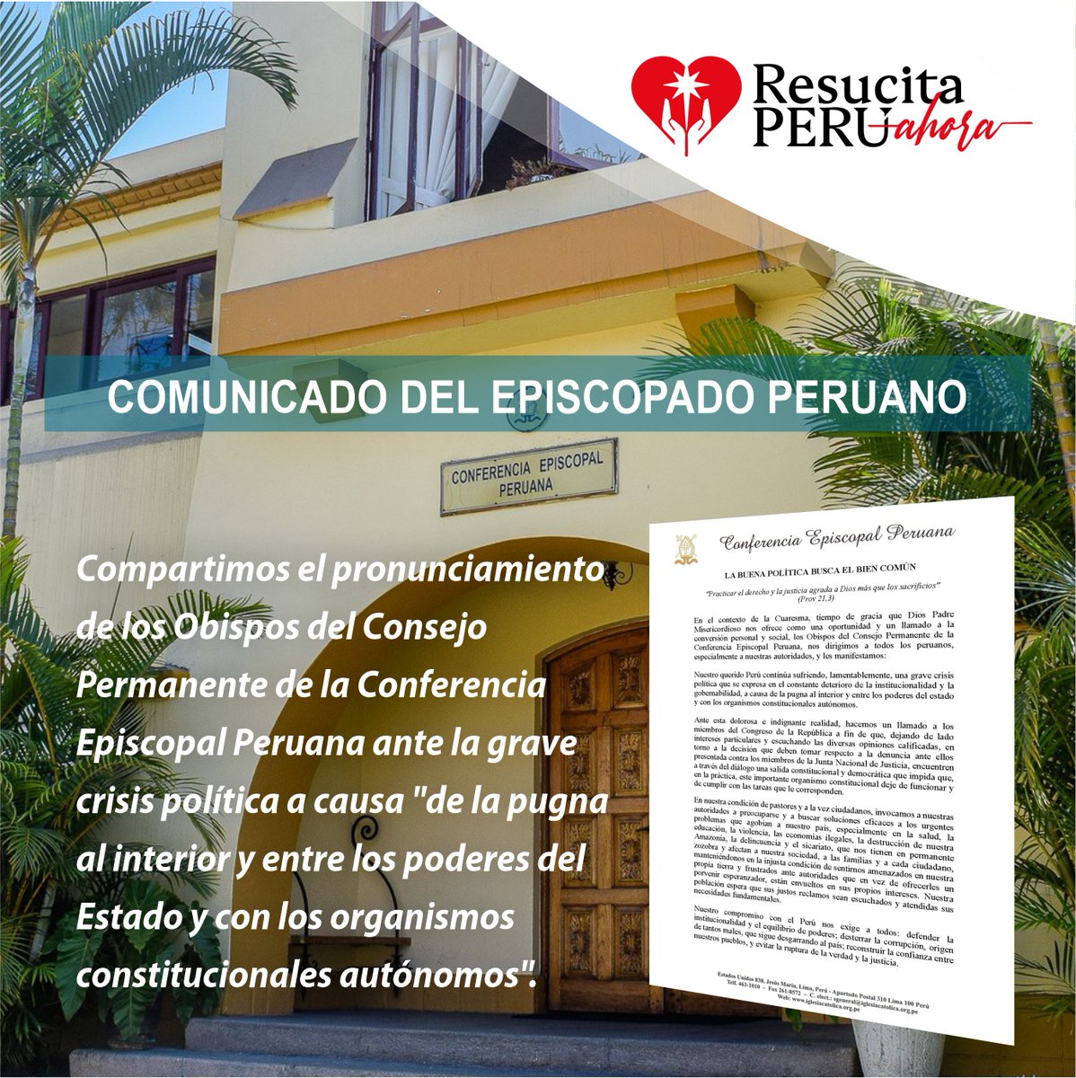 📌Compartimos el pronunciamiento de la Conferencia Episcopal Peruana ante la grave crisis política a causa “de la pugna al interior y entre los poderes del Estado y con los organismos constitucionales autónomos”. 
👉🏼 Lea el comunicado aquí goo.su/5owKF
<a href="/conf_episcopal/">Conferencia Episcopal Peruana</a>