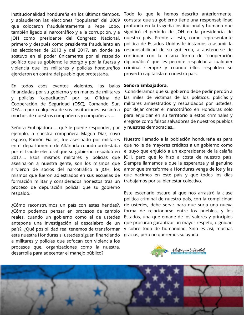 Señora embajadora de EEUU: 
¿Cómo repararán el daño causado a Honduras en su lucha mezquina contra el narcotráfico?
