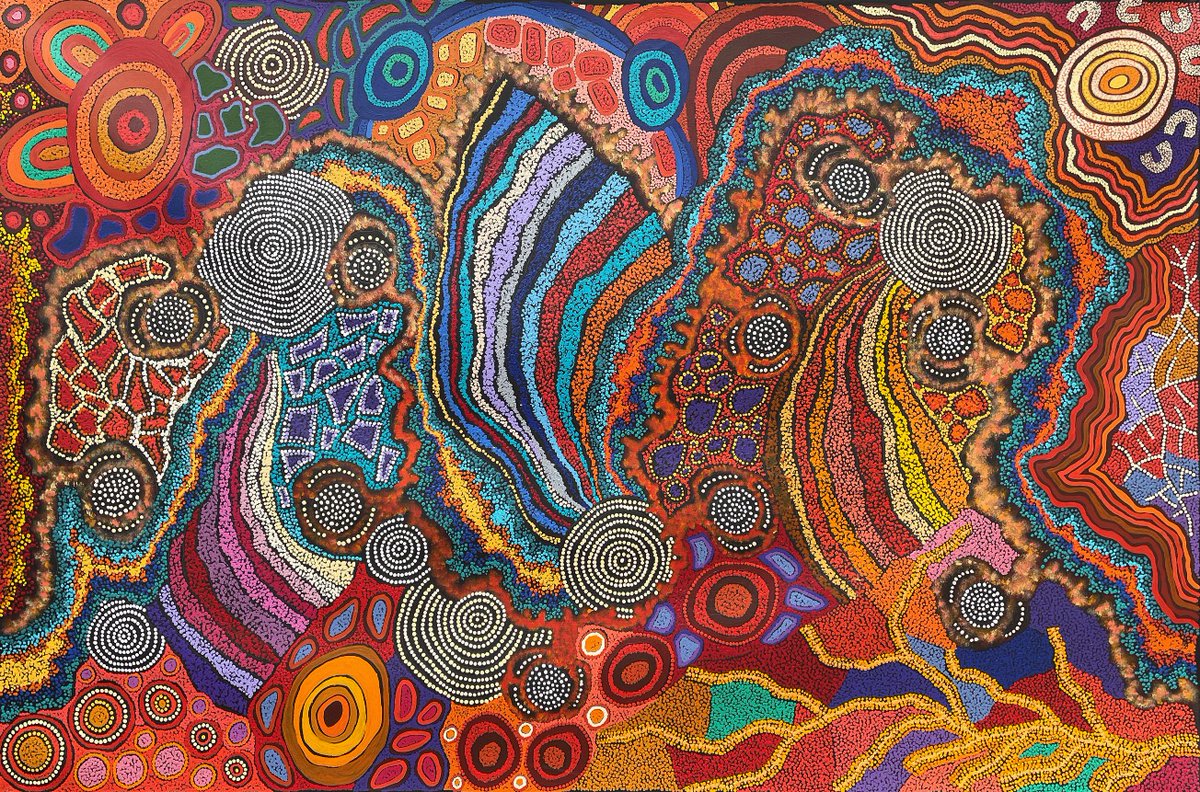 From the exhibition ‘How We Paint- Eight Artists’, now showing at Japingka – pic: Damien and Yilpi Marks, 183 x 122 cm, Jap 022438 – view the exhibition online: japingkaaboriginalart.com/collections/ho… #contemporaryart #aboriginalart #indigenous