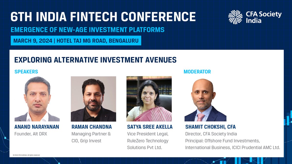 CFASocietyIndia's tweet photo. Gain insights on the emerging Alternate Investment landscape with this panel discussion featuring speakers that are at its frontiers.
Join us at the 6th India Fintech Conference on 9 March, 2024 at Bengaluru! #IndFintech
Limited seats left! Register now! https://t.co/q1hvkHEbjy https://t.co/oCHEEmn8Cs