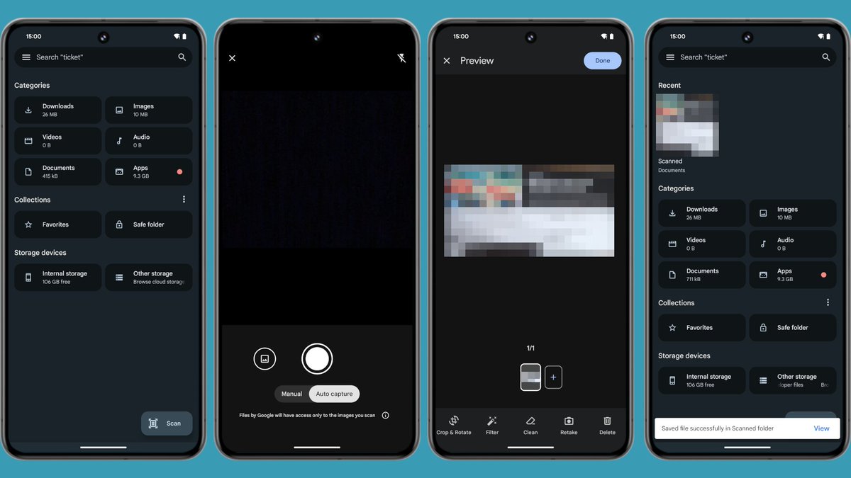 Mishaal Rahman (@mishaalrahman) on Twitter photo The Files by Google app is getting a new "scan" button that lets you digitize documents. 
Scanned documents are saved as PDF files under a new "Scanned" collection under "Documents" (the actual location is /Files by Google/Scanned).
Like the document scanner in the Drive app, The Files by Google app is getting a new "scan" button that lets you digitize documents. 
Scanned documents are saved as PDF files under a new "Scanned" collection under "Documents" (the actual location is /Files by Google/Scanned).
Like the document scanner in the Drive app,