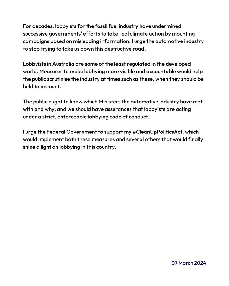 Mon4Kooyong's tweet photo. Australia has a long history of lobbyists undermining the government's efforts on climate change. 

The auto industry's lobbyists must not continue that tradition.

They must stop spreading false and misleading information on the government's proposed fuel efficiency standards. https://t.co/sVyZhhFZF7