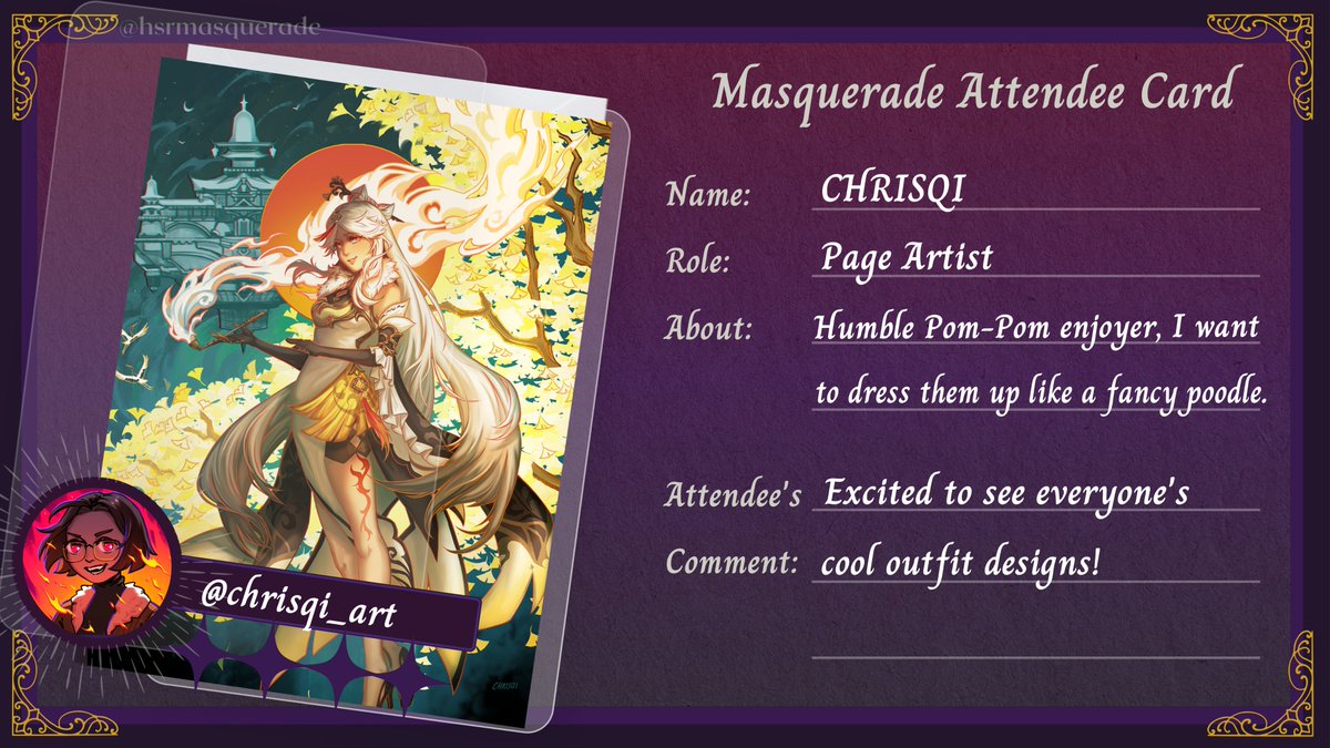 🎩MEET OUR ATTENDEES 🎩

Entering CHRISQI <a href="/chrisqi_art/">🩸Christina Qi</a>, who is not surprisingly a fan of our beloved Pom-Pom! Who doesn't like Pom-Pom~? We don't think Pom-Pom would like to dress up fancily but we are looking forward to what CHRISQI is going to design for the characters' outfit!