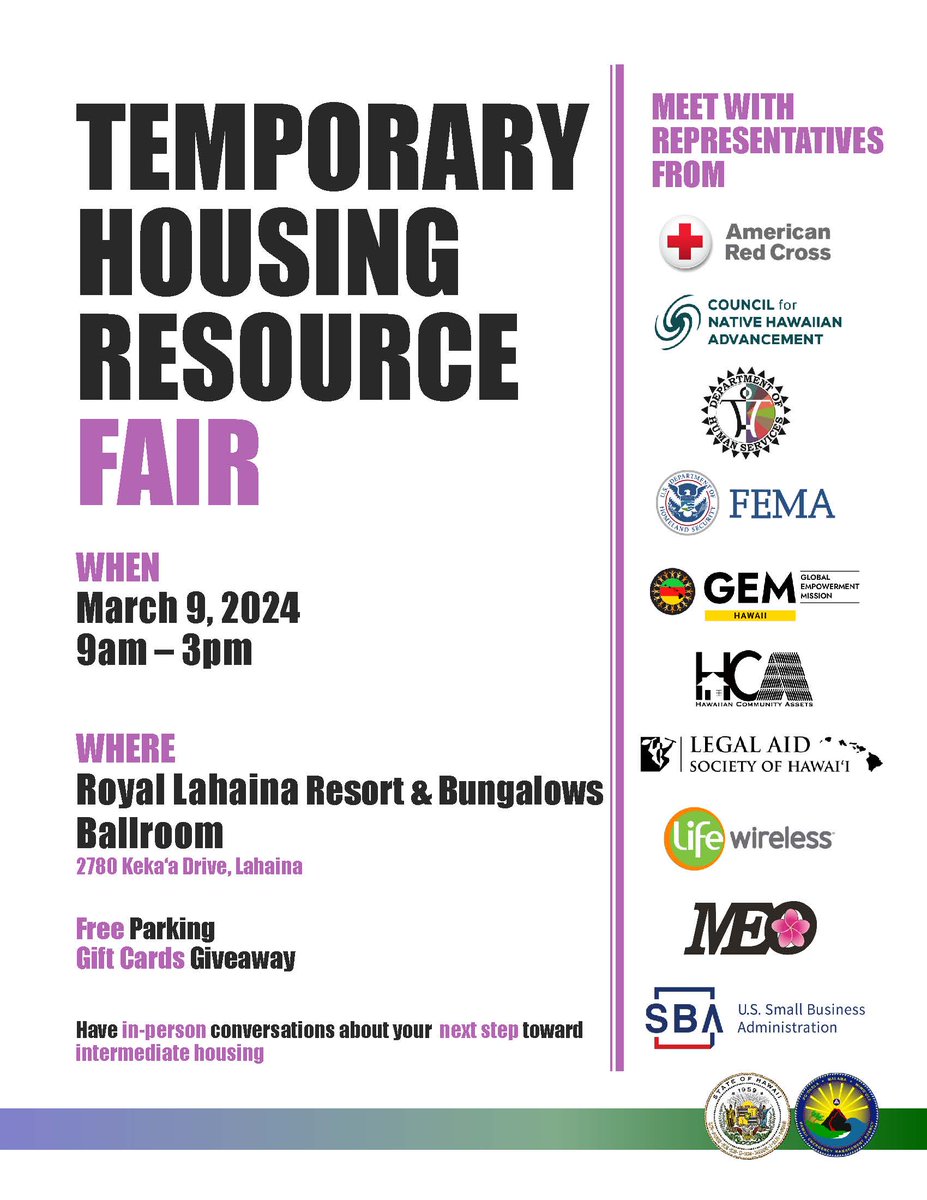 #Maui: Temporary Housing Resource Fair for families and individuals displaced by the #MauiWildfires. Have in-person conversations about your next step toward intermediate housing – Sat, Mar. 9, 9am-3pm at the Royal Lahaina Resort, 2780 Keka’a Drive, Lahaina.