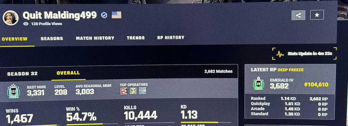 Joe220311's tweet photo. @UbisoftSupport ive been having a problem with my ranked not showing all season. As u can see my rank on TRN is emerald. But in game it does not load. Even for my friends in the game as well. Just letting you know. https://t.co/b8Uau41t5g