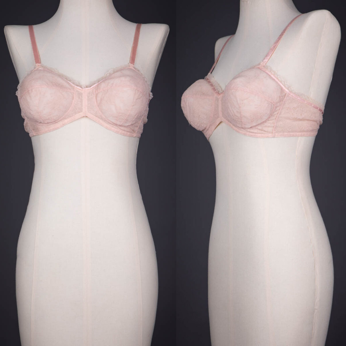 This c. 1950s bra was made in fine machine lace and woven nylon. It is trimmed with a ribbon slot lace trim along the neckline, threaded with a pink ribbon. The bra fastens with a short length of buttonhole elastic and two shell buttons at the centre back. underpinningsmuseum.com/museum-collect…