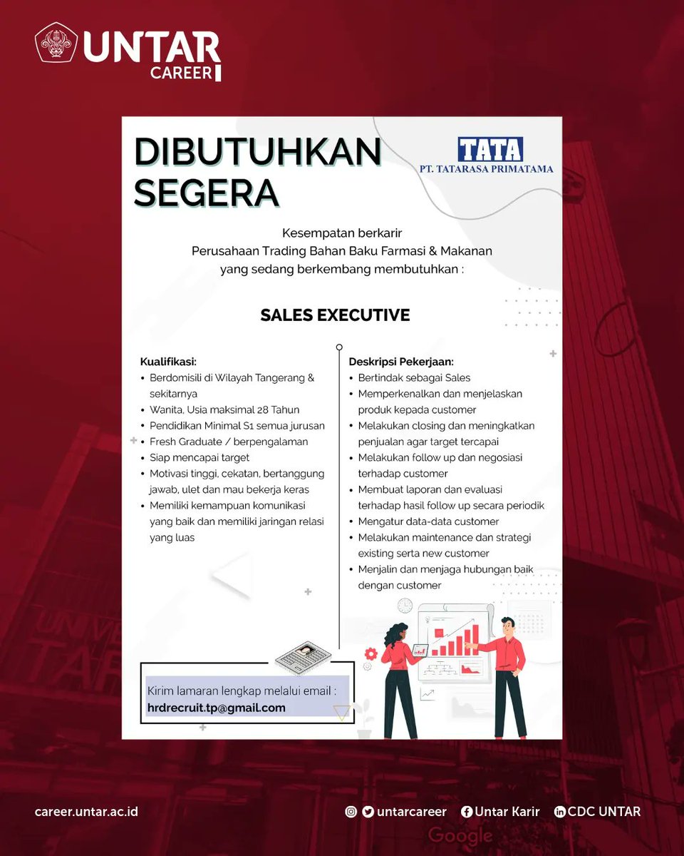 [INFO LOWONGAN PEKERJAAN TERBARU DARI PT TATARASA PRIMATAMA]

#SalesExecutive #AdminSales #SalesSupport

#untarjakarta
#untarcareer
#infoloker
#lowonganpekerjaanterbaru
#lokerupdate