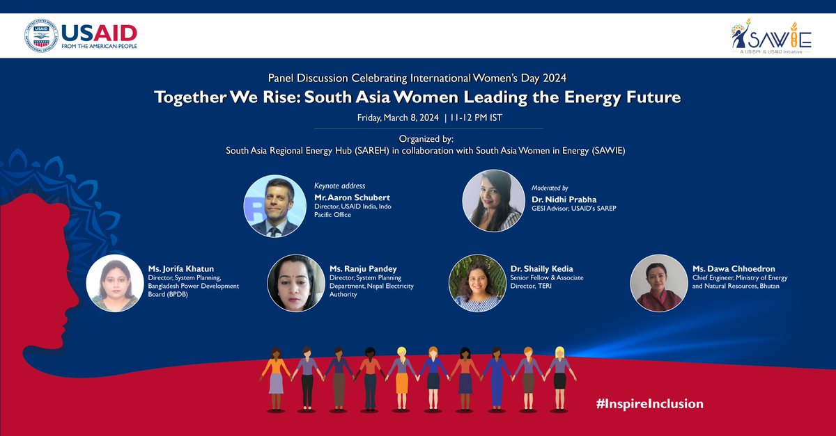 Only 1 day left until the USAID's SAREH’s International Women’s Day Panel Discussion on 'Together We Rise: South Asia Women Leading the Energy Future,' in collaboration with SAWIE. Join us: 📅 Friday, March 8, 2024 🕑 11 AM to 12 PM IST 📌 Register: rtiorg.zoom.us/j/95908324262?…