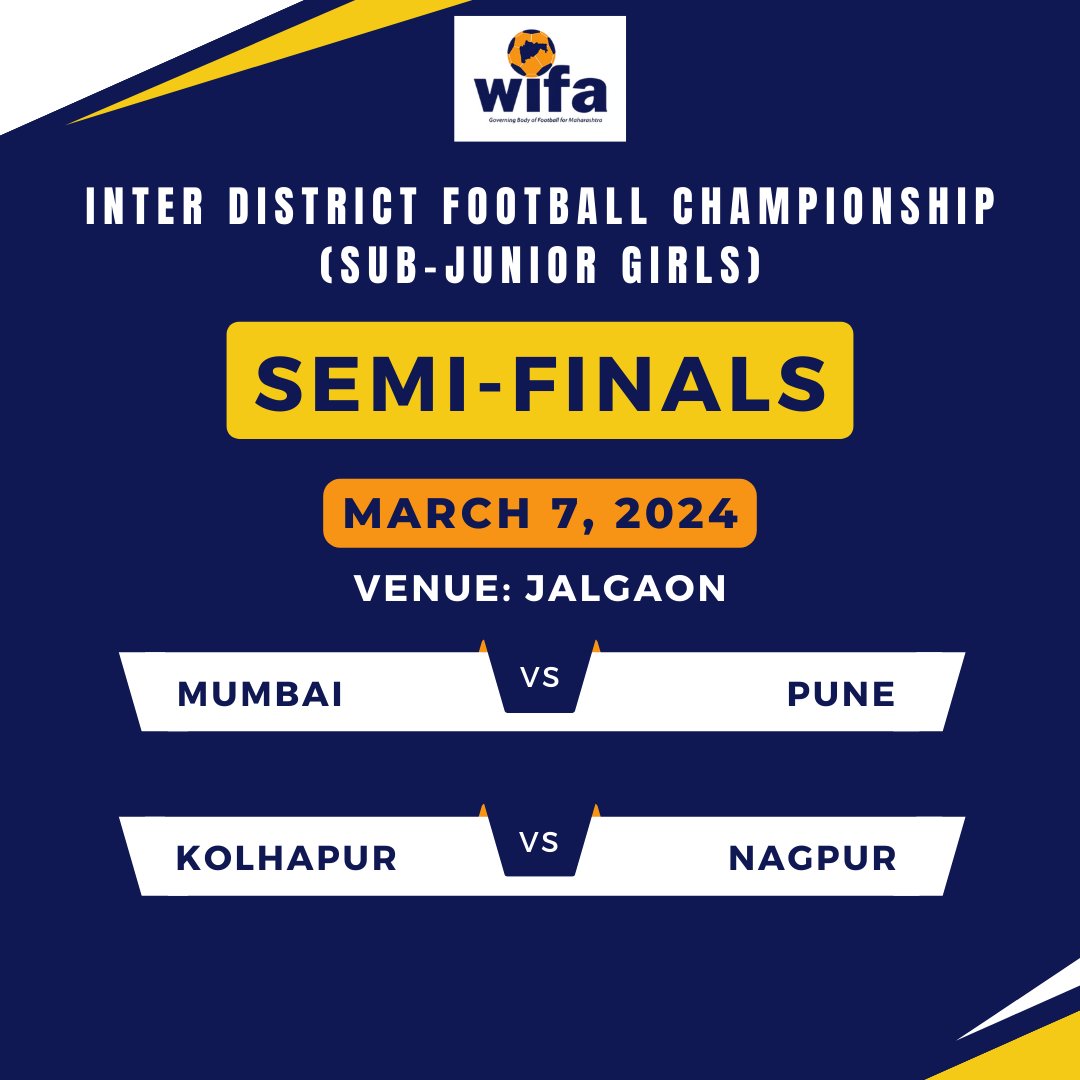 Semi-final showdowns are set! Mumbai clashes with Pune, while Kolhapur takes on Nagpur. Brace yourselves for football at its best! #SubJuniorGirls #WIFAInterDistrict #MaharashtraFootball