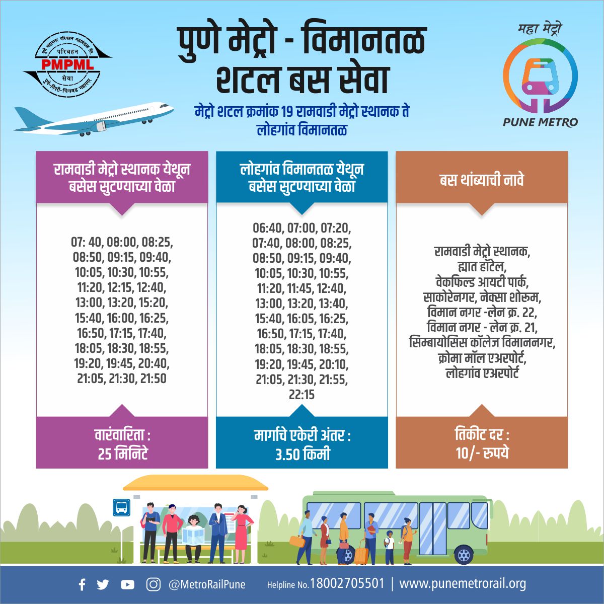 metrorailpune's tweet photo. #पुणेमेट्रो आणि #पीएमपीएमएल यांच्या संयुक्त विद्यमाने दिनांक 6 मार्च 2024 रोजी रामवाडी मेट्रो स्थानक ते लोहगाव विमानतळ दरम्यान शटल बस सेवेचा शुभारंभ करण्यात आला.

सकाळी 6:40 ते रात्री 10:15 या वेळेत लोहगाव विमानतळ आणि रामवाडी मेट्रो स्थानक दरम्यान शटल बस सेवा सुरू झाली आहे.

ही बससेवा प्रत्येक 25 मिनिटांनी उपलब्�� असून या एकेरी प्रवासी तिकिटाचा आकार 10 रुपये असेल.

आता अधिकाधिक नागरिक त्यांच्या दैनंदिन प्रवासासाठी एकात्मिक सार्वजनिक वाहतूक सुविधेचा लाभ घेऊ शकतात.

@PMPMLPune
@PMCPune @PCMCSarathi
#shuttlebus #feederbus #urbanmobility #publictransport #GreenInitiatives #PMPML #LastMileConnectivity #PuneMetro