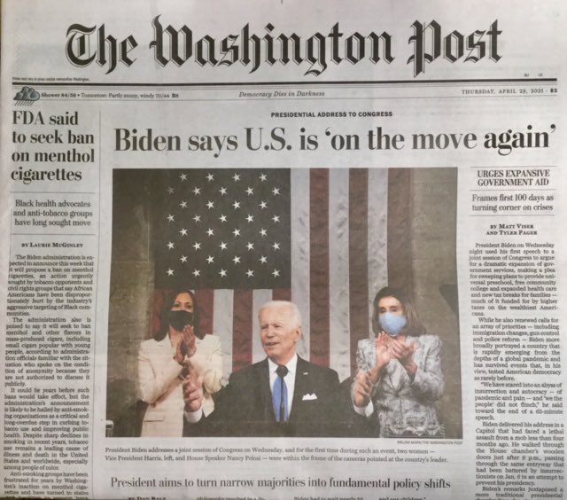 WTLocke's tweet image. This WaPo Page1 copy after the first POTUS speech 2A joint session of congress provides a ton to remember before his final #SOTUspeech. He’s the fellow confiscating legal #mentholcigarettes!