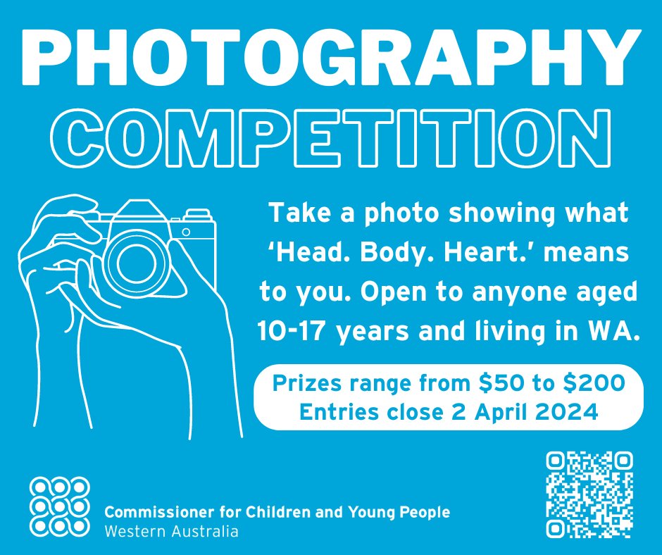 Enter the Commissioner’s photography competition celebrating Youth Week WA if you are under 18 and live in WA. Entries close 2 April 2024. Learn more or submit your entry bit.ly/3v0IWmc