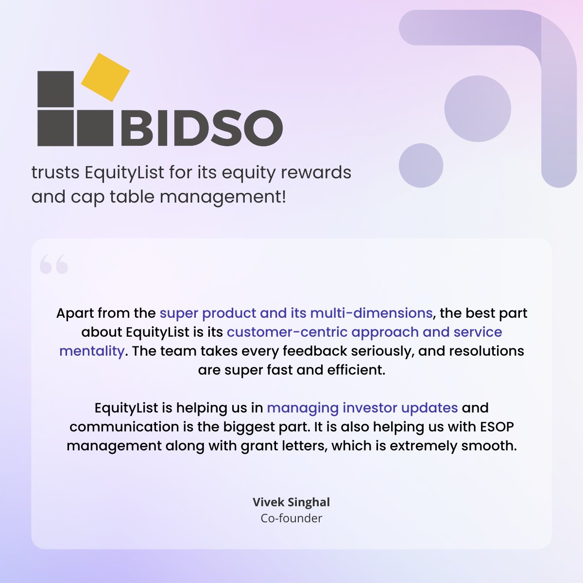 EquityListHQ's tweet image. Vivek Singhal, co-founder of Bidso, talks about leveraging EquityList for exemplary investor relations.

Bidso offers a full-stack solution for brand sourcing, from product and supplier discovery to value discovery and fulfillment. 🙌

#esops #captablemanagement