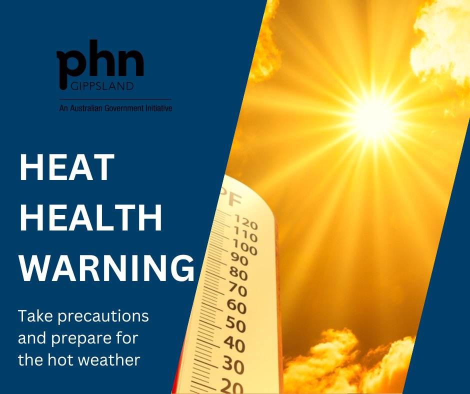 Heat health warning.  The BOM has issued a Heatwave Warning. Forecast heatwave conditions may cause health impacts in the community. Find out how to survive the heat at rb.gy/427ykt
#Gippsland #heatwarning #healthimpact #helpfultips #keepcool #planahead