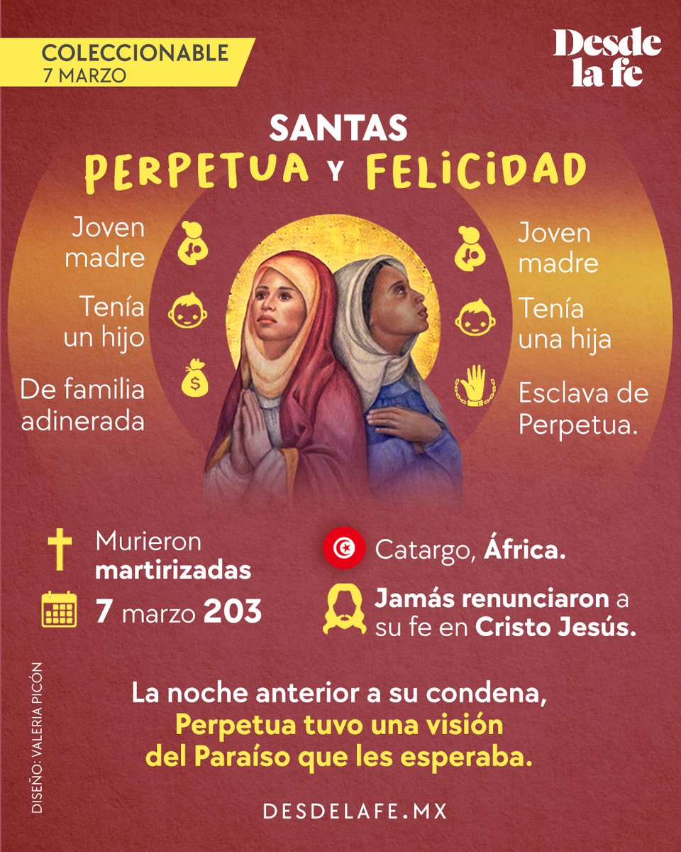 Las mujeres han enriquecido el martirologio cristiano y han dado muestras de valor y de fe, dando un ejemplo invaluable de su amor a Cristo, como lo fueron las Santas Perpetua y Felicidad, a quienes celebramos este 7 de marzo. 😇 Lee más de ellas aquí: bit.ly/3Jk6aI0