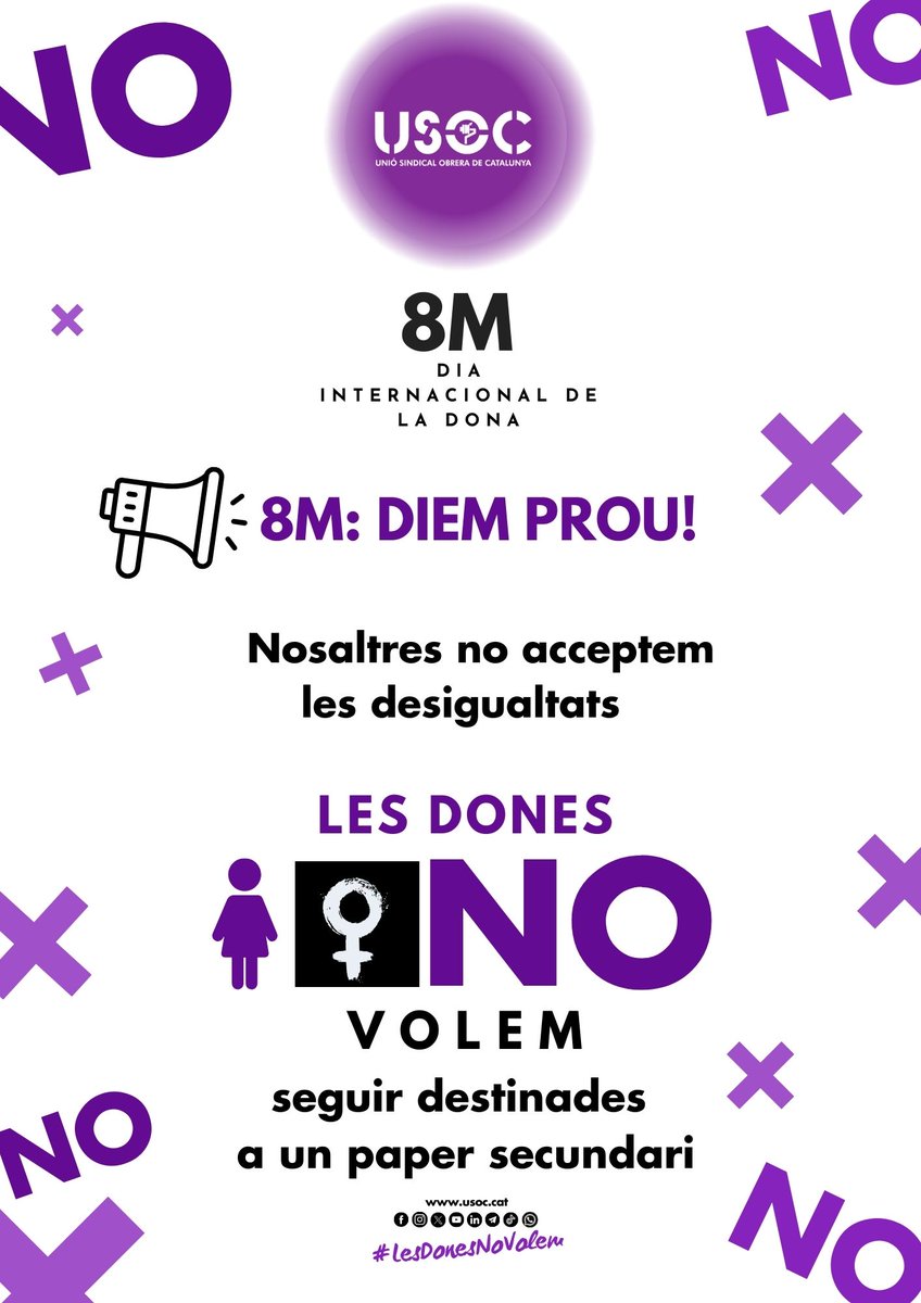 #8M, 𝐃𝐢𝐚 𝐈𝐧𝐭𝐞𝐫𝐧𝐚𝐜𝐢𝐨𝐧𝐚𝐥 𝐝𝐞 𝐥𝐚 𝐃𝐨𝐧𝐚.
Celebrem un dia de lluita, de reivindicació, d'alçar la veu i exigir els nostres drets, per les dones que ja no hi són i les que vindran.
Llegeix el nostre manifest 👇
🔗usoc.cat/manifest-8m-di…