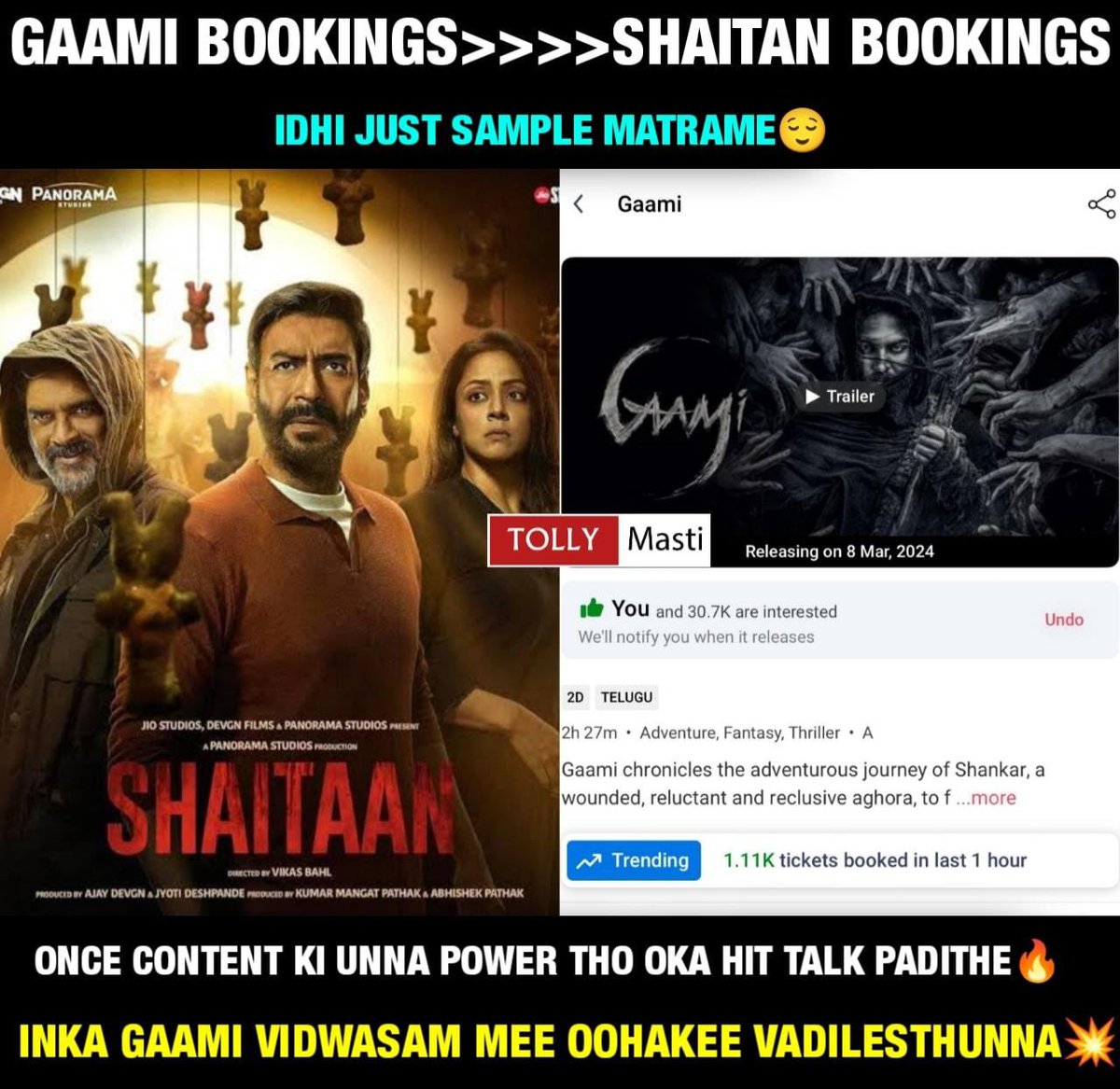 tollymasti's tweet photo. #Gami >>>> #Shaitaan as per bookings
#Gami #VishwakSen #Ajaydevagn #Madhavan
Follow us 👉 @tollymasti https://t.co/L8GEmnUdFw