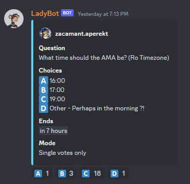 We're planning a AMA! 

Please go on the Discord server and cast your vote!