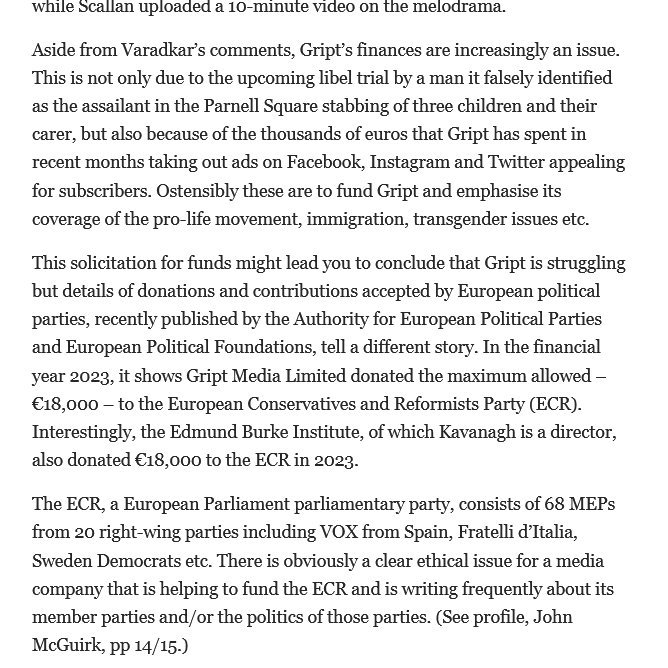 soundmigration's tweet photo. Talk about treating your subscribers as suckers...

'Gript Media Limited donated the maximum allowed – €18,000 – to the European Conservatives and Reformists  Party (ECR)...the Edmund Burke Institute, of which  Kavanagh is a director, also donated €18,000 to the ECR in 2023.' https://t.co/HlnoaZiVKa
