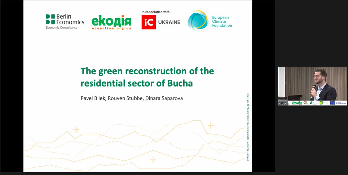 BerlinEconomics's tweet image. Presenting joint study by @ecodiya  and Berlin Economics on the green reconstruction of Bucha’s housing infrastructure at Kyiv conference.