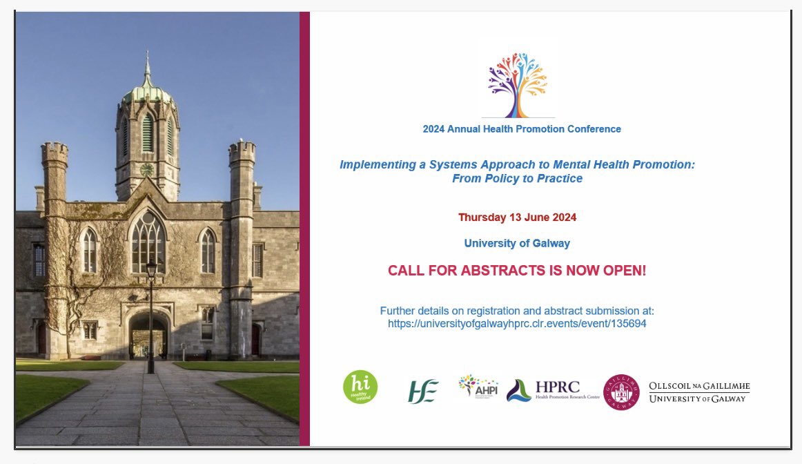 Early bird registration & call for abstracts Now Open for our upcoming Health Promotion Conference. Further details here: universityofgalwayhprc.clr.events/event/135694 Please retweet! 🙌