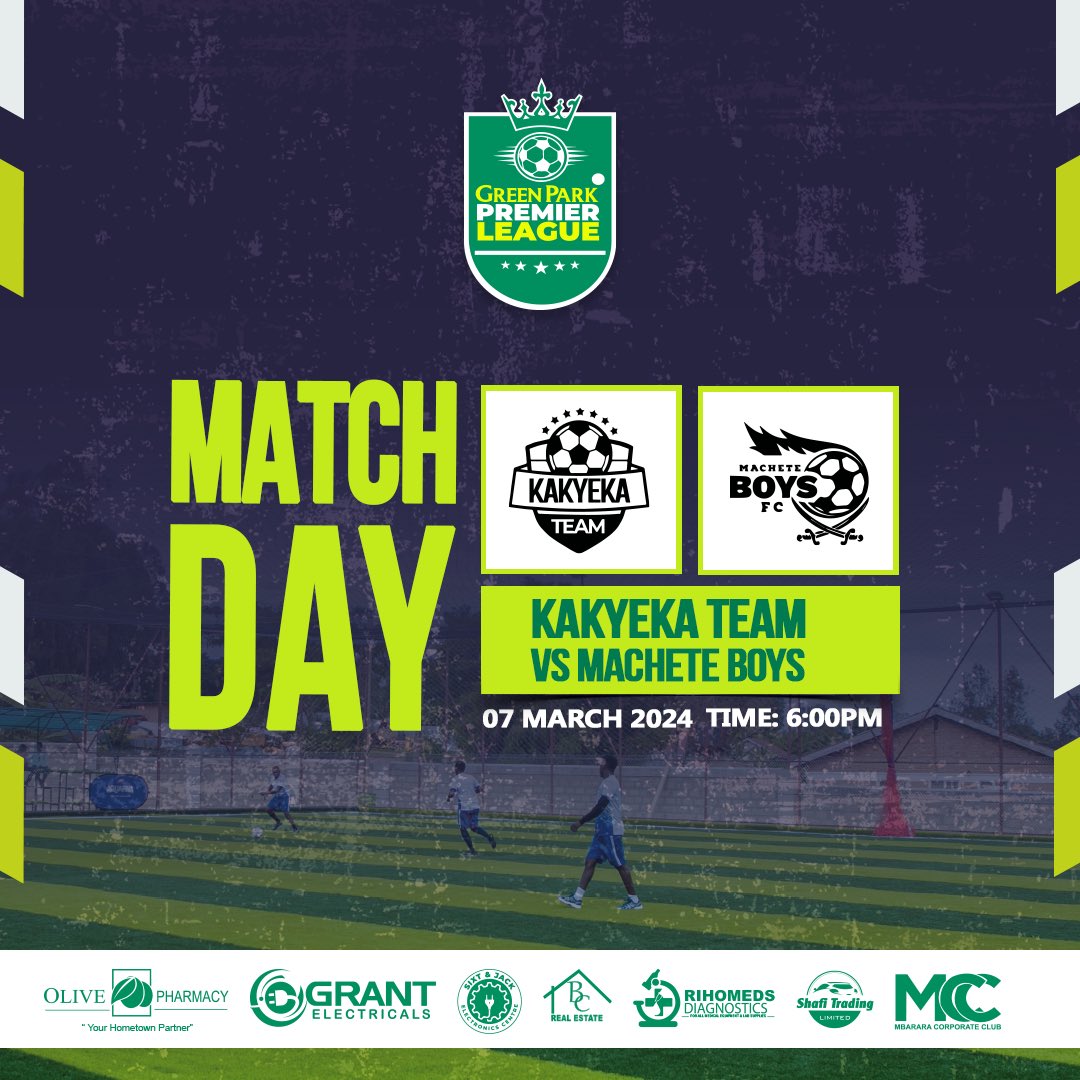 🟢𝗠𝗔𝗧𝗖𝗛𝗗𝗔𝗬!😍🟡

Kakyeka Team 🆚 Machete Boys

🏟️ Green Park Stadium
🏆 Premier league 
⏰ 6:00pm EAT

#GreenParkPremierLeague
See you 👊🥎