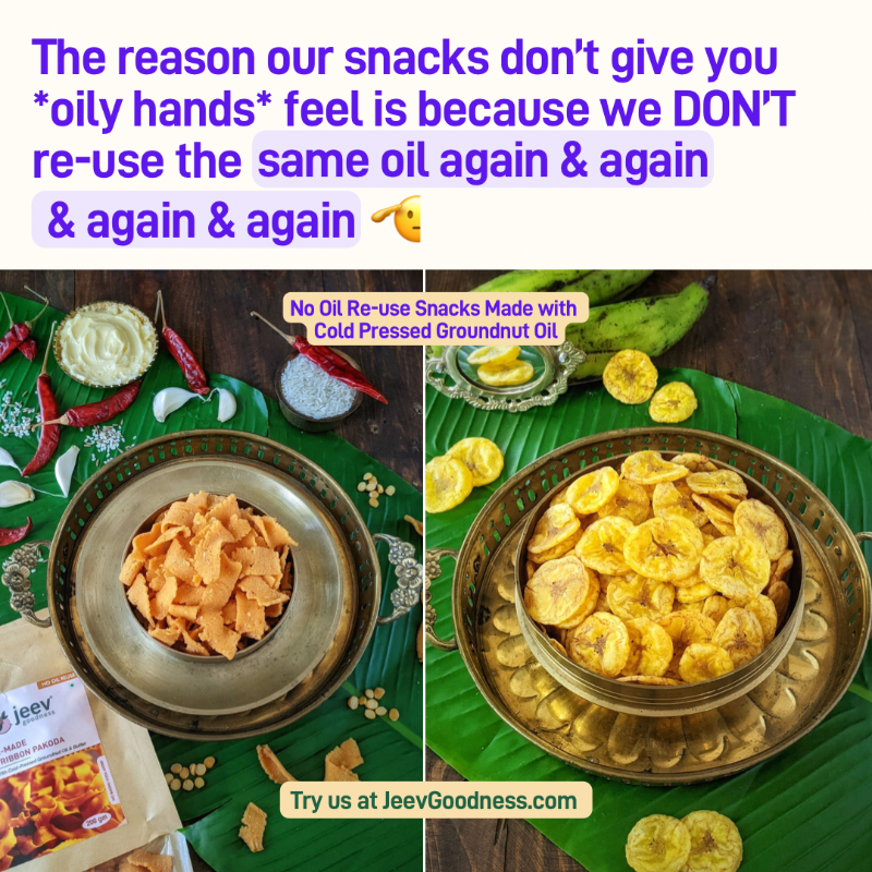 jeevgoodness's tweet photo. Try heirloom snacks made with single-use &amp; cold-pressed groundnut oil! And when we say single use and cold pressed, we totally mean it!
