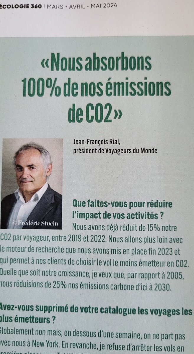 Limiter à 4 le nombre de vols dans une vie ? La réponse musclée de <a href="/jfrial/">Jean-François Rial</a>, le patron de <a href="/VoyageursduM/">Voyageurs du Monde</a>, pionnier du tourisme durable à <a href="/JMJancovici/">Jean-Marc Jancovici</a>. C'est à lire dans le dernier numéro, en kiosque aujourd'hui, du magazine Ecologie 360.