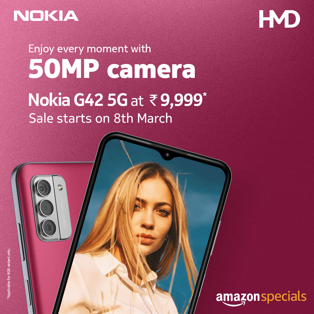 HMDdevicesIN's tweet image. Capture every moment, the way it was intended to. When 50MP camera come together with AI, it recreate magic every time you hit the shutter button.

Sale starts 8th March, 12PM⁣
⁣
Know more: bitly.ws/3eFKo
⁣
#NokiaG42_5G #Nokiasmartphones #MoveFast