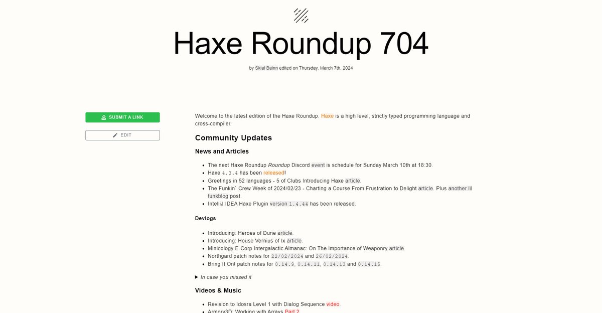 #Haxe Roundup 704 haxe.io/roundups/704/ is out!

The latest articles, devlogs and video tutorials! 📰📺

The latest library releases, open source updates and core progress! 💻

Plus lots more developements from the community over the last two weeks! 🔥