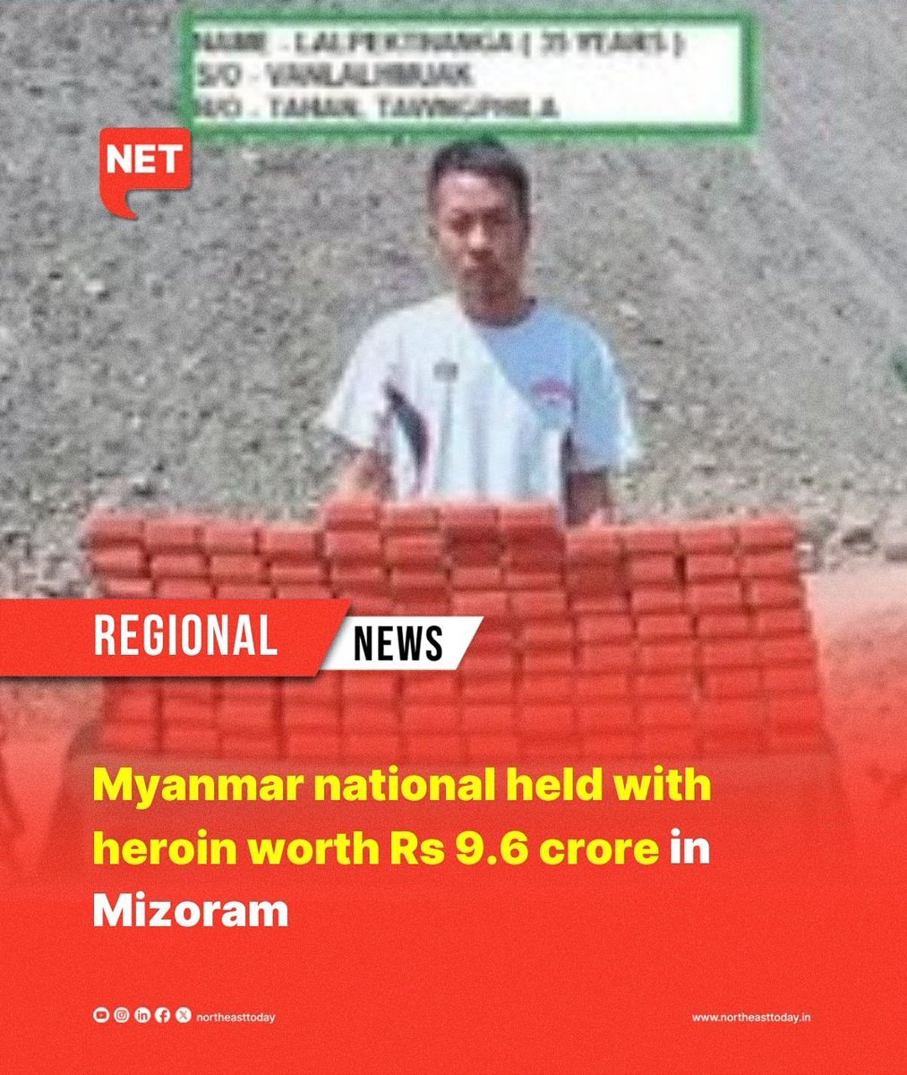 NortheastToday's tweet image. #Mizoram | Assam Rifles personnel have recovered 1.3 kg of heroin worth Rs 9.6 crore and arrested a #Myanmar national for possessing the contraband in Mizoram's Champai district, an official of the paramilitary forces said on Thursday.