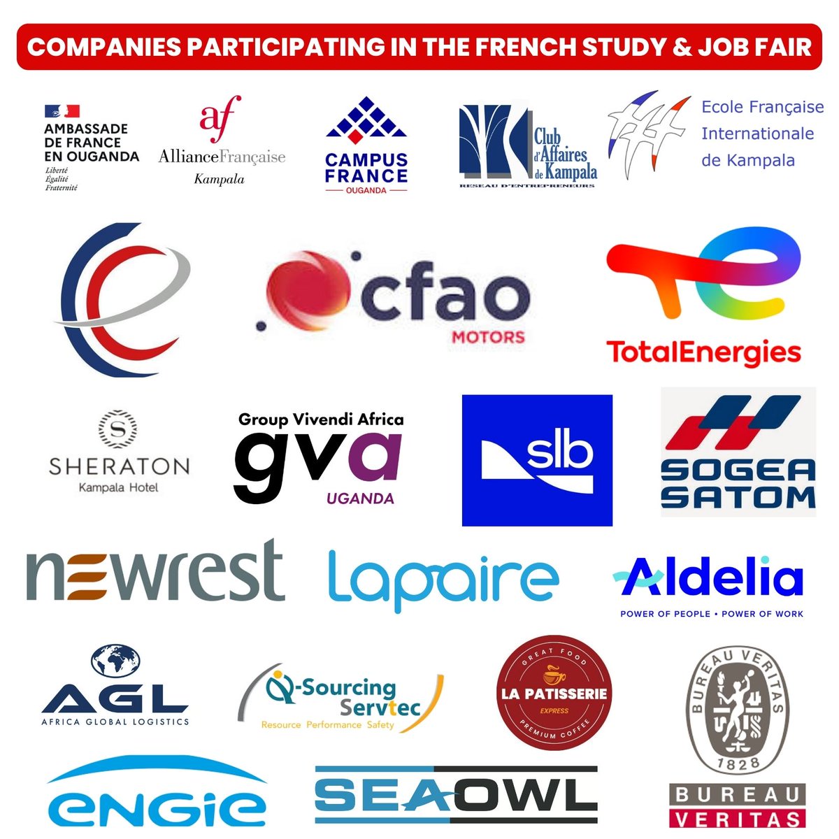 We are excited to announce the companies that will be part of the #FrenchStudyAndJobFair this year. 

Companies will interact with students and early career professionals looking jobs and offer opportunities to good candidates.
Some companies will request CVs so carry a copy.