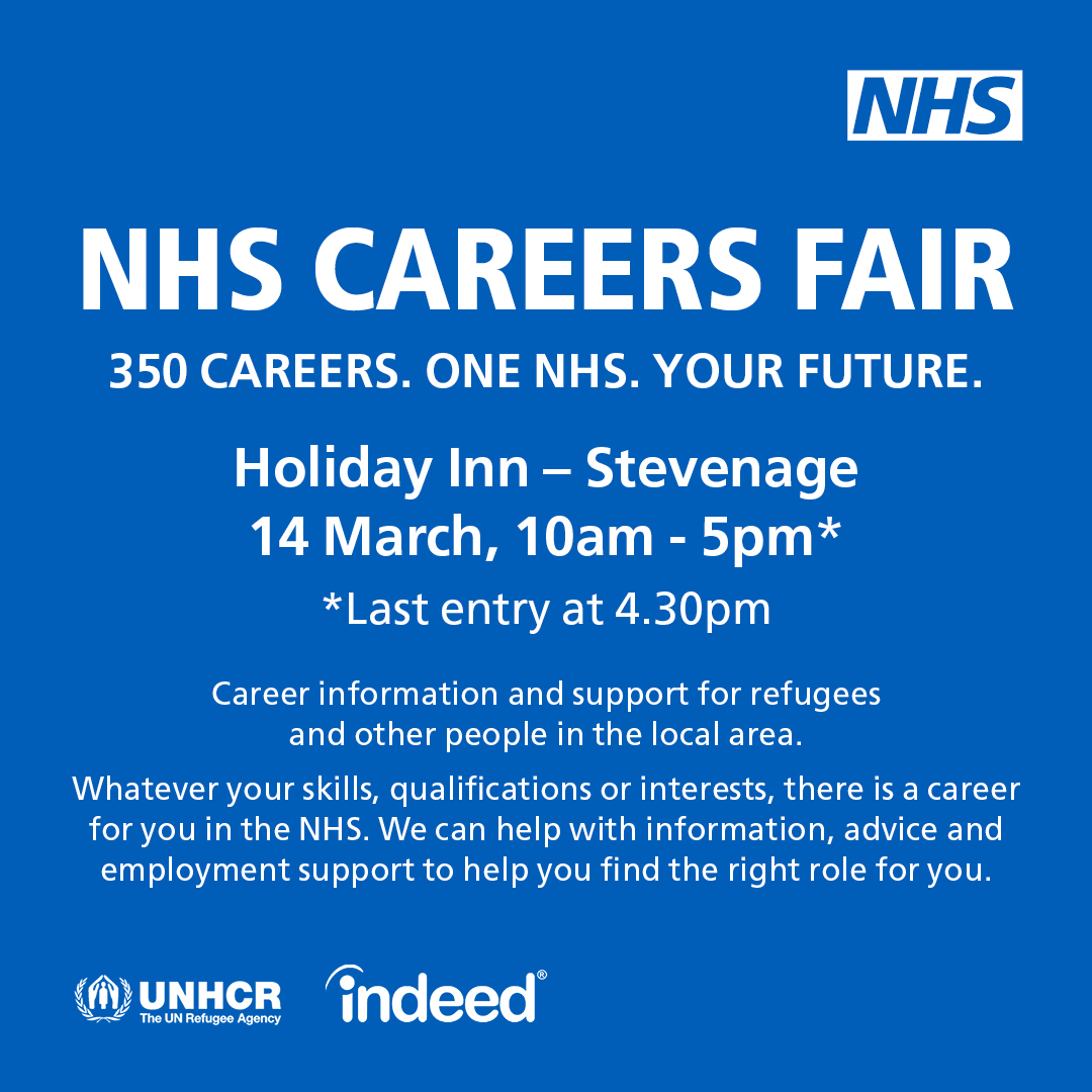 Join us for an NHS careers event on the 14th March 2024 at the Holiday Inn, Stevenage SG1 1HS Career information and support for people in the local Stevenage area. Link to register as an attendee and for information is here: jointhenhs.co.uk/careersfair/Jo…