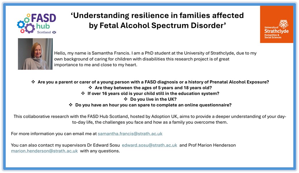 Can you help shape the future of FASD support by taking part in research? Sam Francis is looking for your views.
Take part here:
ow.ly/O8A750QvjBy
or visit
ow.ly/WqIi50QvjBx