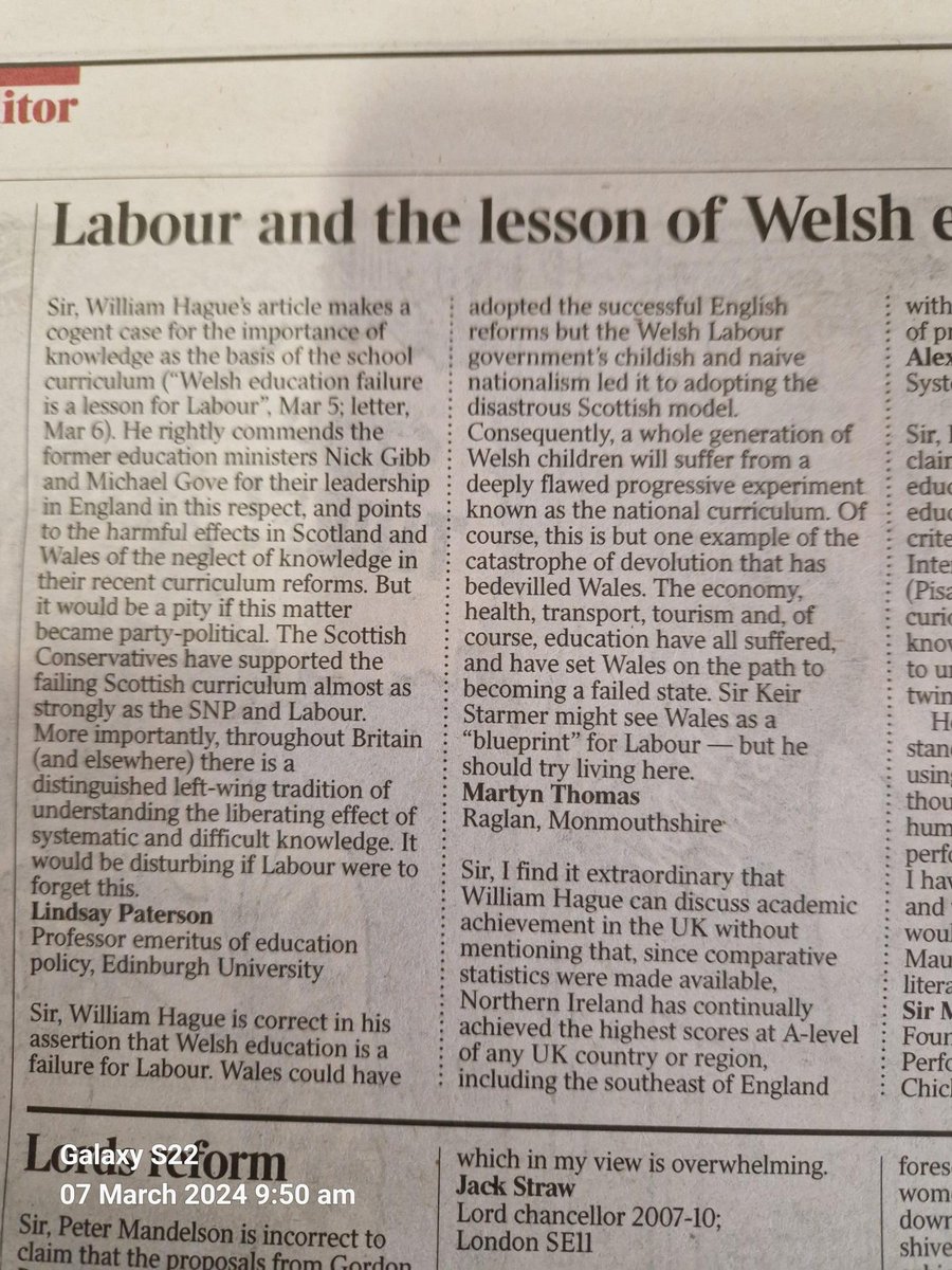 My letter in today's Times on Welsh education in response to the excellent piece by William Hague. @LauraJ4SWEast @AndrewRTDavies @AllisonPearson #welsheducation @JacotheNorth