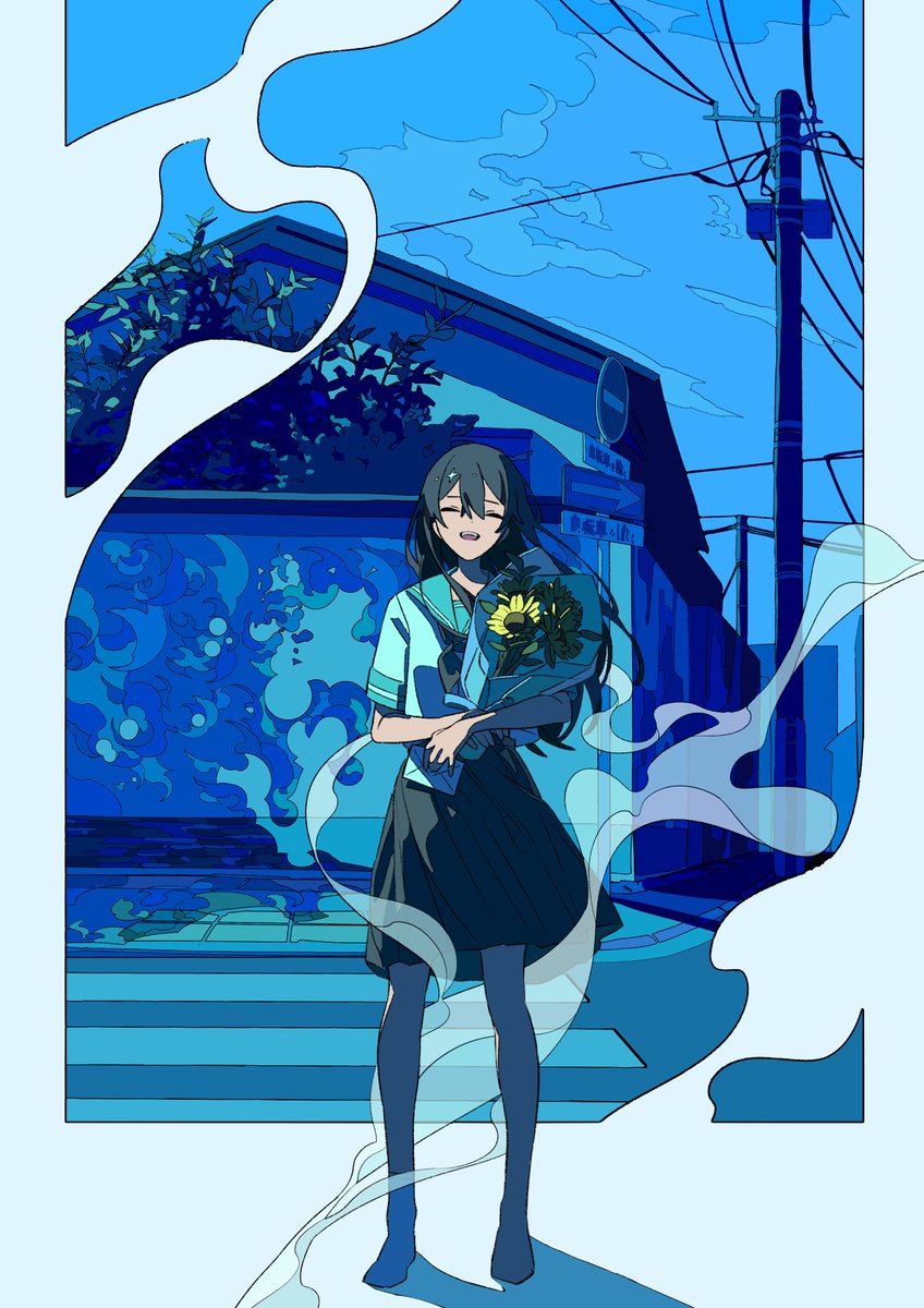 1girl solo skirt flower closed eyes school uniform holding  illustration images