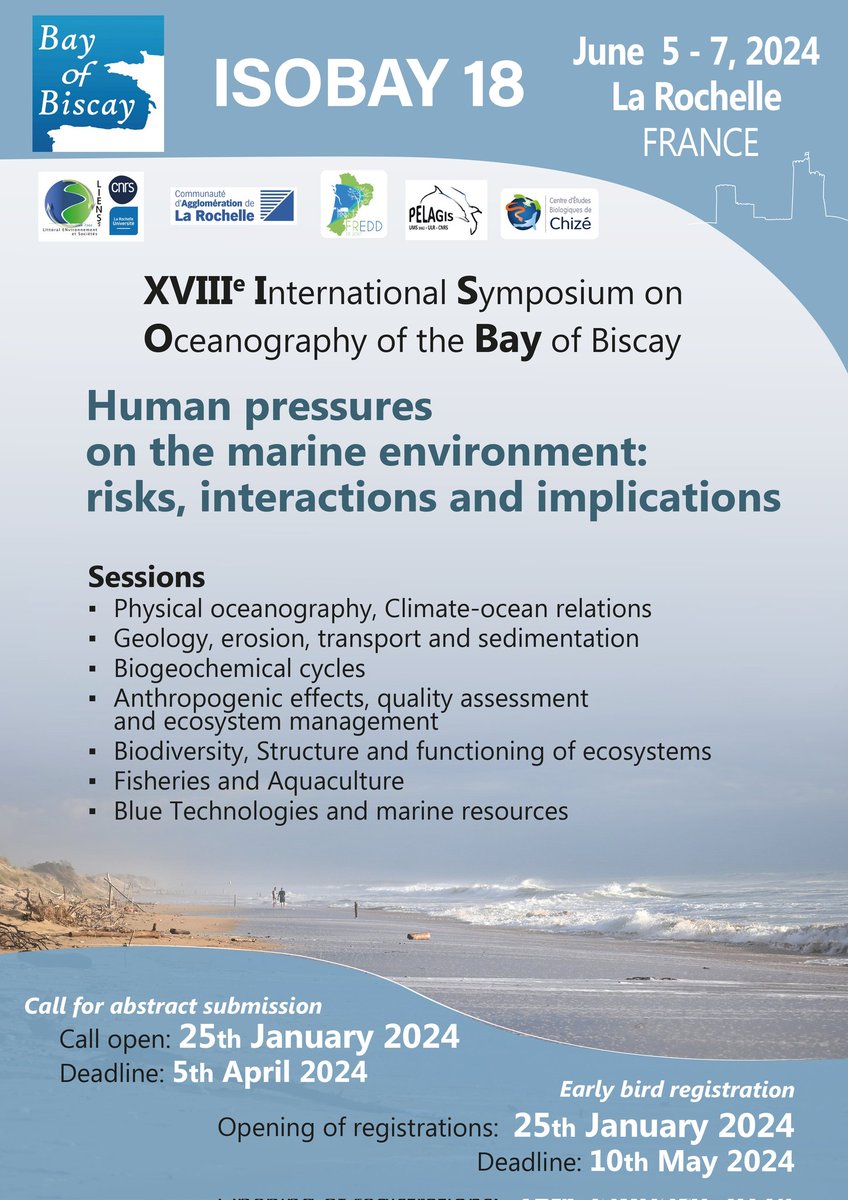 Still ongoing ! Submit your abstract for #isobay18 in beautiful #larochelle ! A multidisciplinary, international #conference with a common focus: the Bay of Biscay !!! Come and join us !!! @LIENSsCNRSULR @UnivLaRochelle @CEBC_ChizeLab