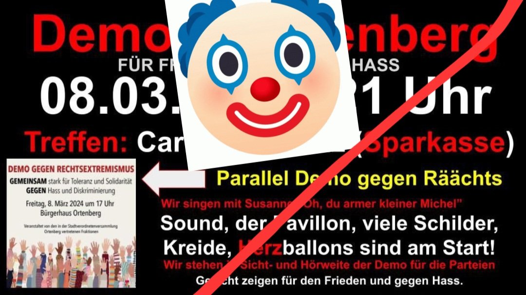 Wer kann unterstütze die morgige Kundgebung für eine #WehrhafteDemokratie in #Ortenberg (#Wetterau) am Bürgerhaus, denn die Antidemokraten rufen zum Gegenprotest auf.
Zeigt den Verbreitern völkischen Gedankengutes #wirsindmehr &amp; seid #LAUTgegendenFaschismus.
#WirSindDieBrandmauer