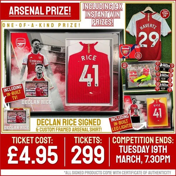 HUGE ARSENAL COMPETITION! DECLAN RICE SIGNED & CUSTOM LED FRAMED ARSENAL SHIRT WITH IN-BUILT TV! (PLUS FIFTEEN INSTANT WIN PRIZES!) £4.95 15 instant prizes including Kia Havertz signed shirt footballprizes.co.uk/product/rice-s…