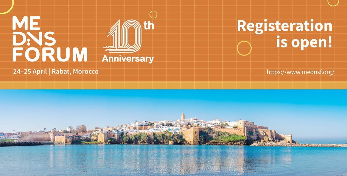 The Middle East Internet and DNS communities are coming together in Rabat on 24-25 April for the 10th #MEDNSF2024. 
Look forward to this Forum’s specialities under the theme “Celebrating Progress in the Middle East’s DNS Journey”! bit.ly/2SyKFYB