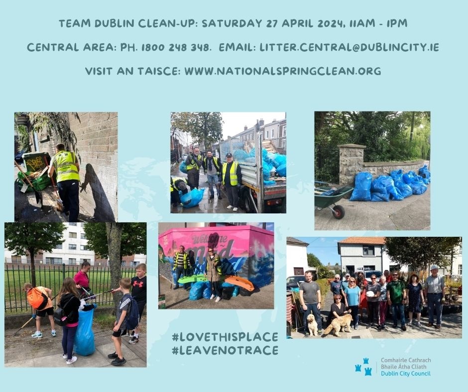 April marks #NationalSpringClean month. Join in #TeamDublinCleanUp Sat 27 Apr, 11am – 1pm for more info & entrance to #DublinCityNeighbourhoods comp., ph. 1800248348 or email litter.central@dublincity.ie for more info. @DubCityCouncil @AnTaisce nationalspringclean.org
