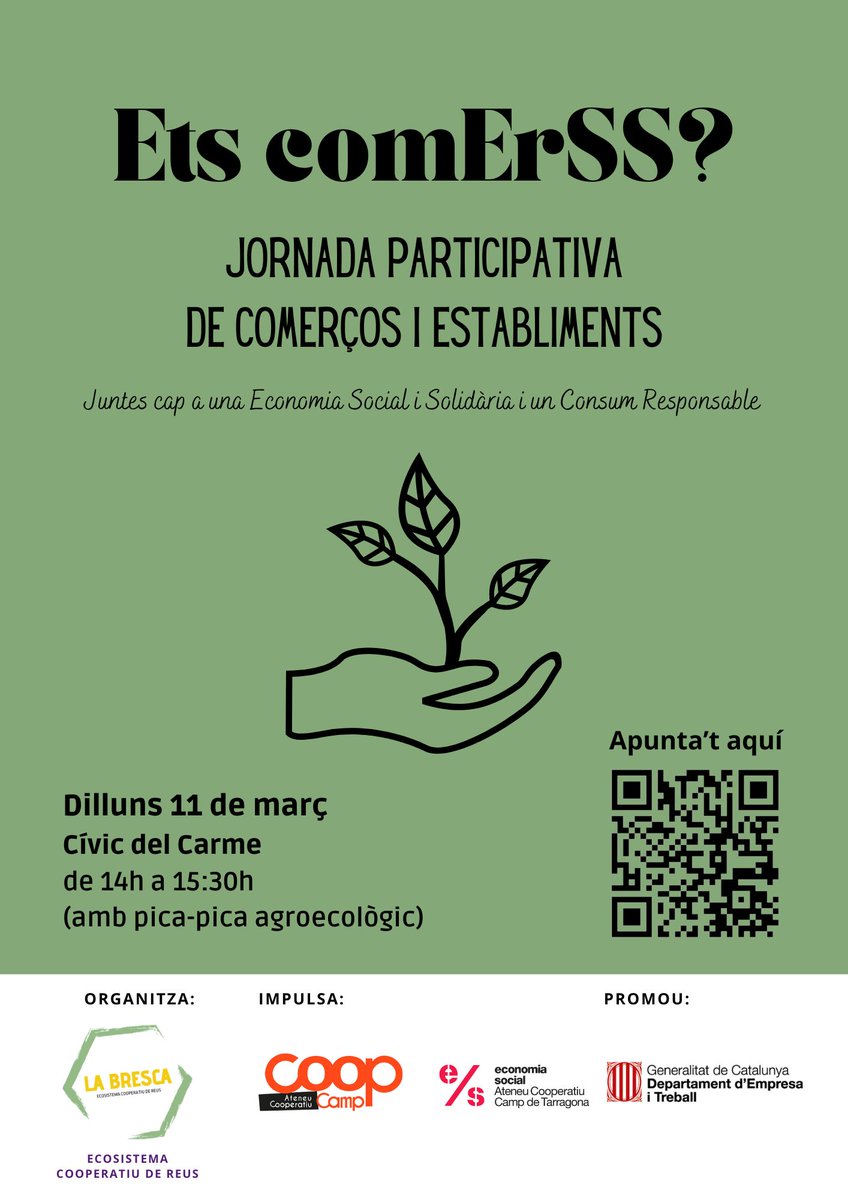 2a Jornada participativa de comerços i establiments de Reus!

La jornada començarà amb un pica-pica agroecològic de proximitat i tot seguit es posaran a debat alguns dels temes que es van parlar en la primera jornada.

👉Vine i participa. Inscripcions al QR del cartell