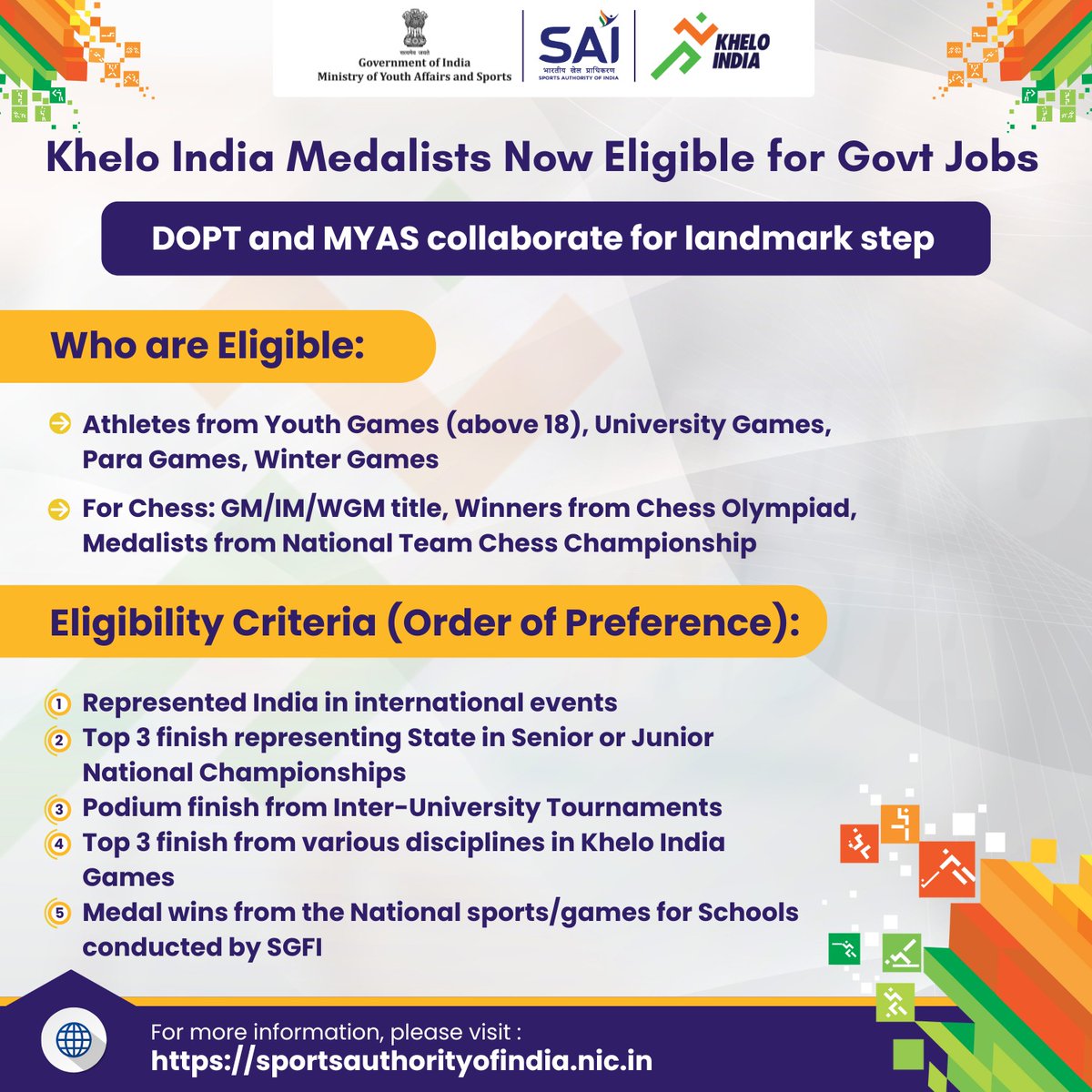 Exciting News Alert 🚨📣 Government of India's Dept of Personnel & Training and MYAS have made significant revisions to the eligibility criteria for sportspersons seeking Govt jobs. 🇮🇳