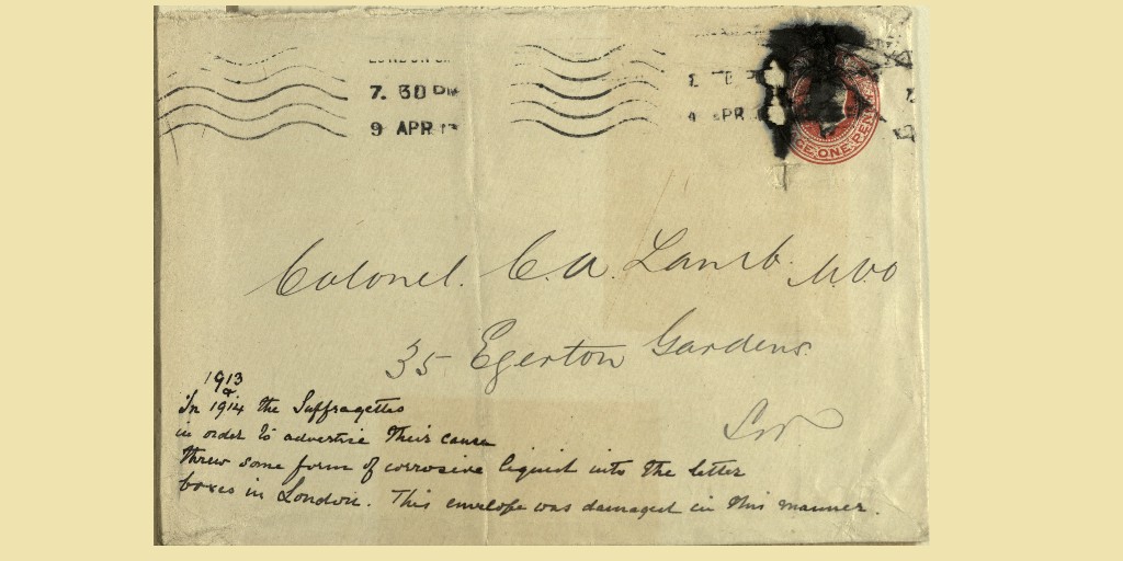 Envelope damaged by a corrosive substance put into a letter box by a #suffragette in 1913. Such attacks were a popular tactic by members of the Women’s Social and Political Union (WSPU) in their fight for equal voting rights with men. #InternationalWomensDay #WomeninHistory
