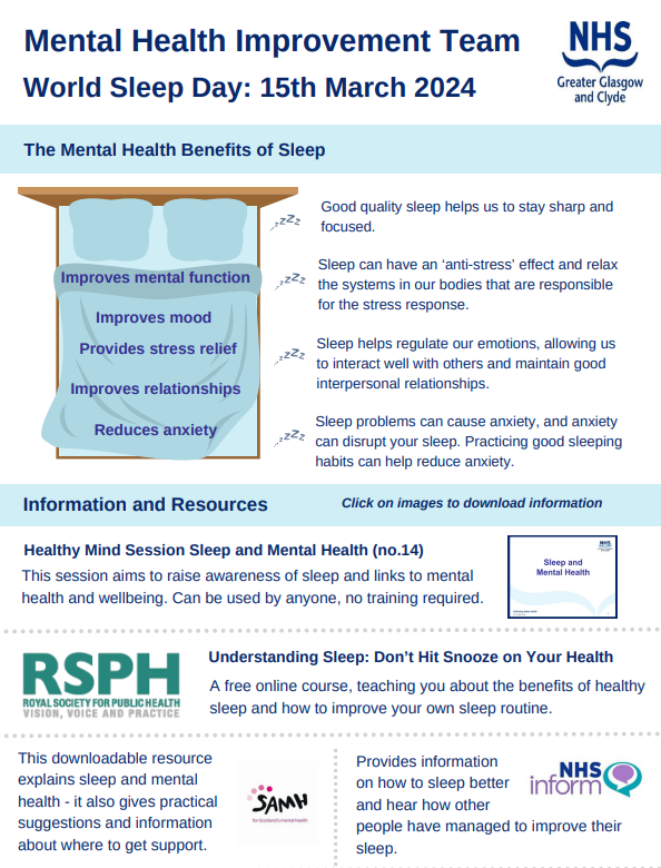 Our latest snippet focuses on sleep & mental health. It shares: 🌙 The mental health benefits of sleep 🌙 Practical information & resources 🌙 Where to get support 🌙 Learning opportunities & more Get your copy 👇nhsggc.scot/downloads/nhsg… #WorldSleepDay