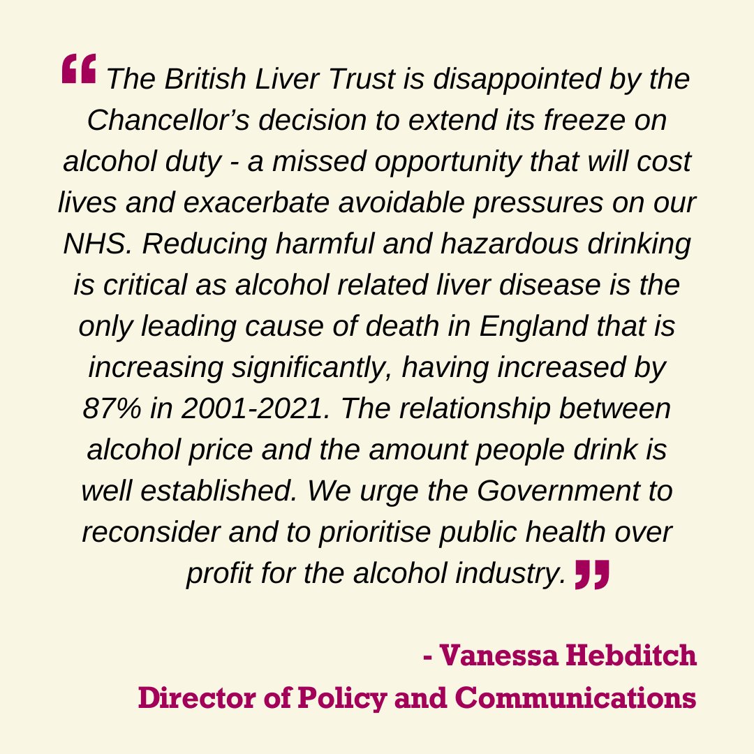 The link between the price of alcohol and the amount we drink is well established. The decision to extend the freeze on alcohol duty will cost lives. We urge the Chancellor and the Government to reconsider. #Budget2024