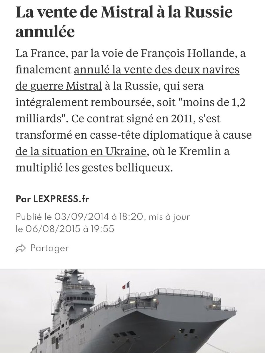 Nouveau mensonge du RN ! Empêtré dans son allégeance et sa soumission à la Russie, le député RN Chenu affirme que la France aurait livré des Mistral à la Russie en 2017. C’est faux : la vente de ces bateaux a été annulée … en 2014. Ces gens sont dangereux pour la 🇫🇷 !