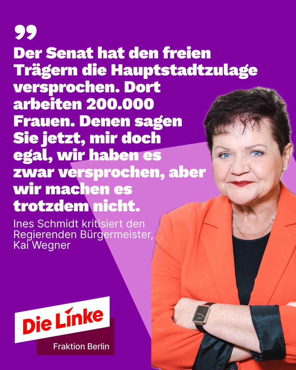 Versprochen. Gebrochen. Passend zum Frauentag kassiert der CDU/SPD-Senat sein Versprechen ein, die #Hauptstadtzulage auch den freien Trägern zu zahlen. Dort arbeiten zu zwei Dritteln Frauen. "Nicht nur quatschen, Herr Wegner, einfach machen", lautet meine  Ansage... Eure Ines