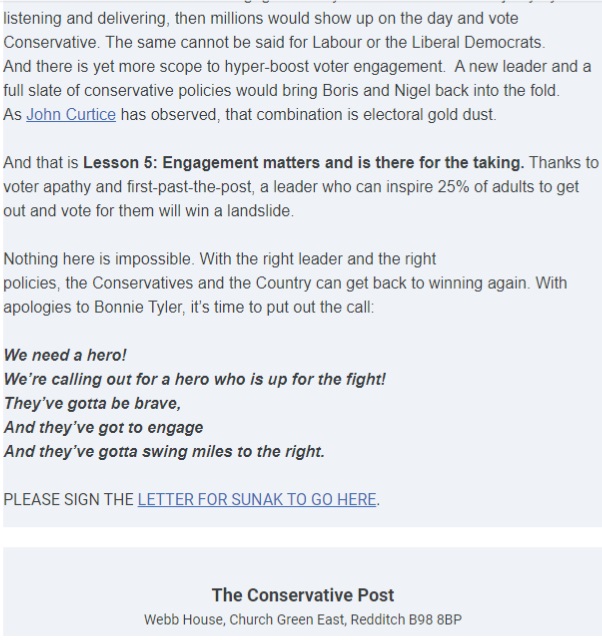 Just had this from 'The Conservative Post'. Seems they don't like @RishiSunak as much as the rest of us! It was a long diatribe of cr@p, I just liked this little chant at the end! #ToryChaos